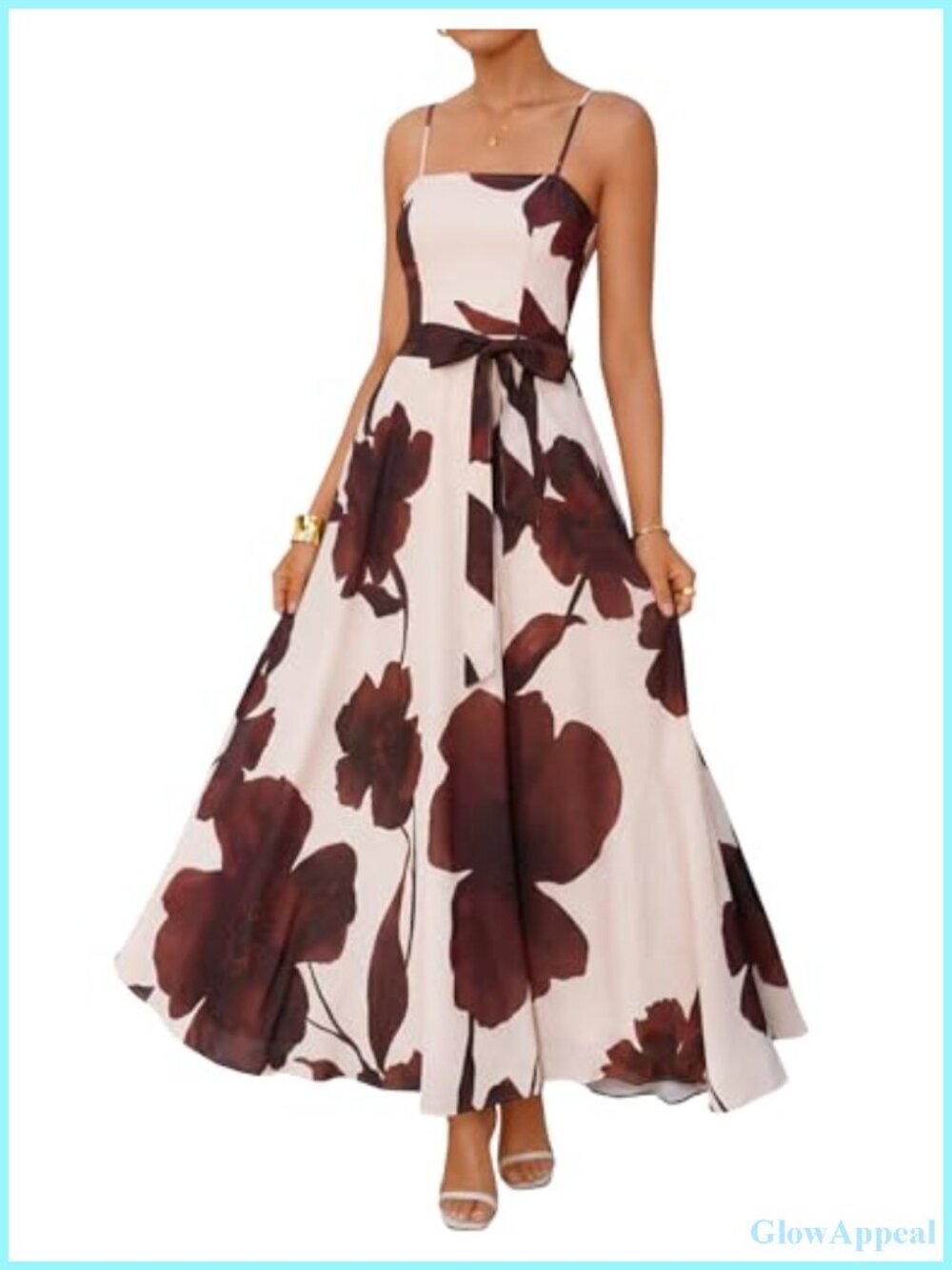 Women's Floral Maxi Dress Sleeveless Spaghetti Strap A-Line with Belt